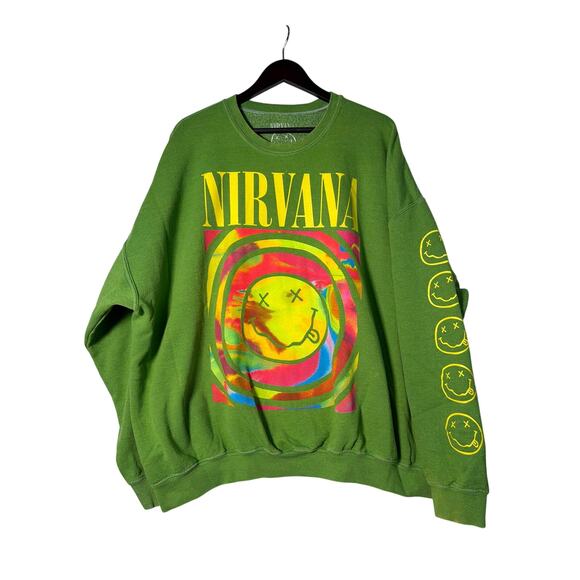 Urban Outfitters Tops - NIRVANA Sweatshirt Green L/XL LS Crew Neck Pullover Graphic Smile Logo Grunge